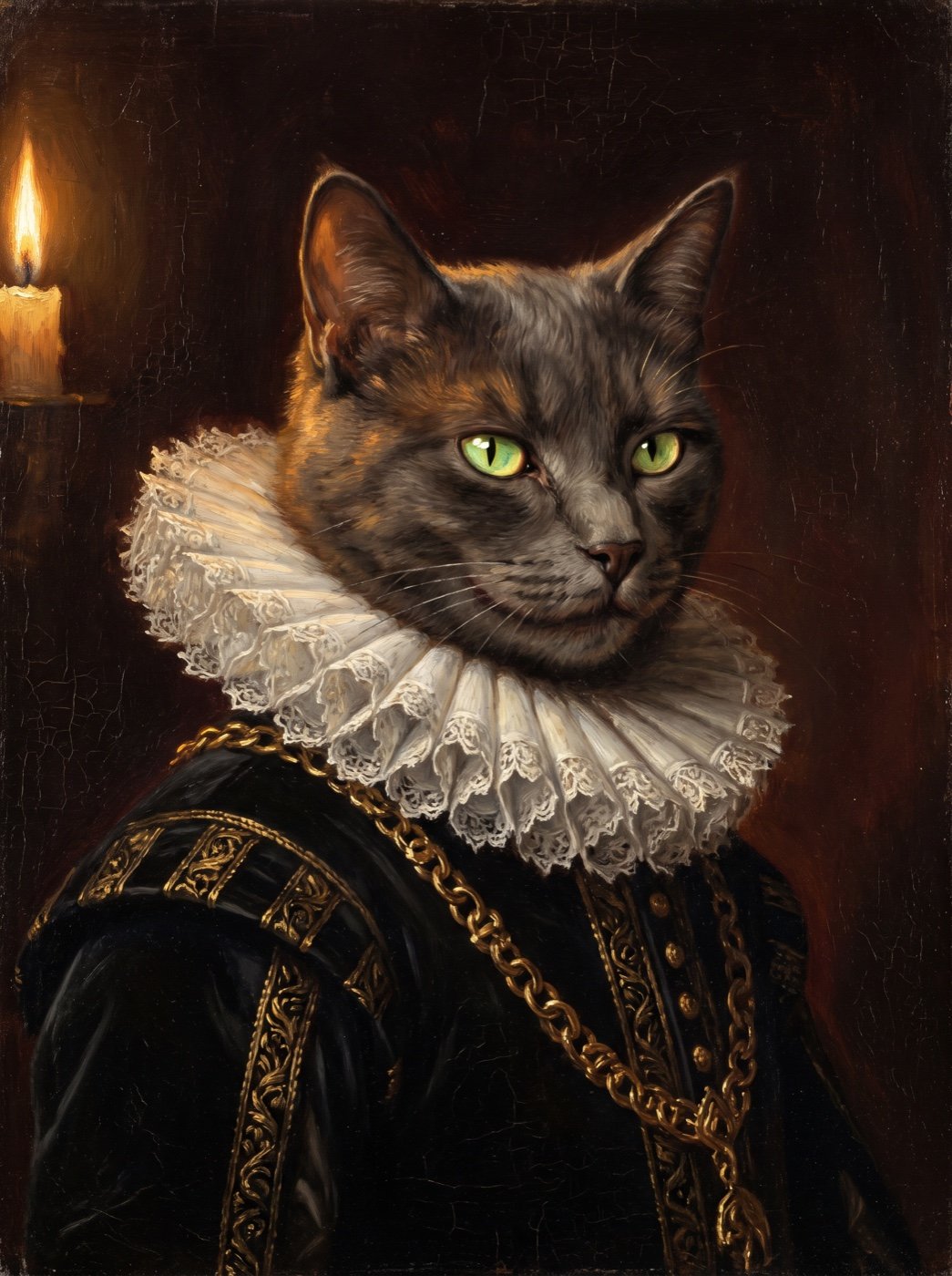 Oil portrait of an aristocratic cat in a lace ruff, lit by one candle